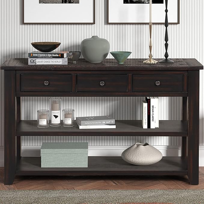 Farmhouse Wood Entryway Console Table 48-Inch Modern Sofa Entry Table with Drawers and Storage Shelves for Entrance Living Room (Black)