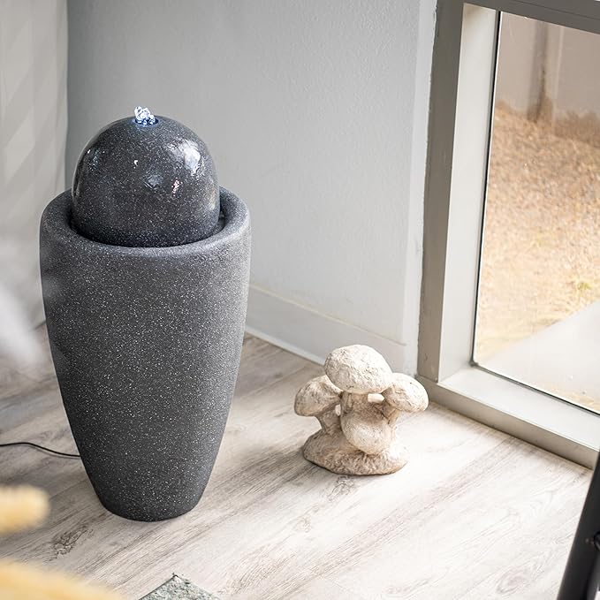 XBrand 25.98" H Round Stone Indoor/Outdoor Modern Stone Textured Sphere Water Fountain w/LED Lights, Ball Fountain Decor, Gray