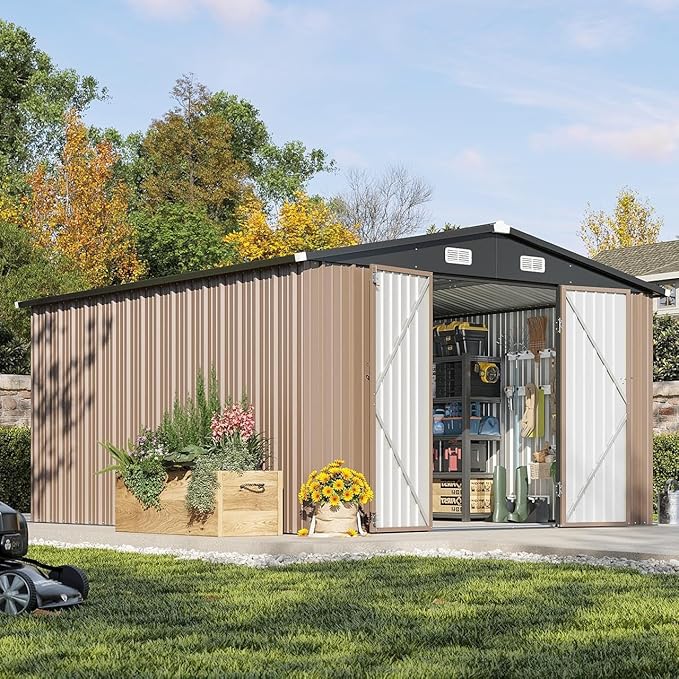 Aoxun 10 x 12FT Outdoor Storage Shed with Double Hinged Large Door Utility Garden Shed with Lockable Door & Sloped Roof Metal Sheds Outdoor Storage for Garden, Backyard, Patio and Backyard, Brown