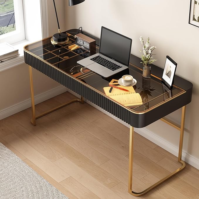Lartis Modern Office Desk with Drawers,Glass Top Makeup Vanity Without Mirror Built-in USB Outlet Dressing Table Home Office Desk with Intelligent Socket,Very Easy to Assemble