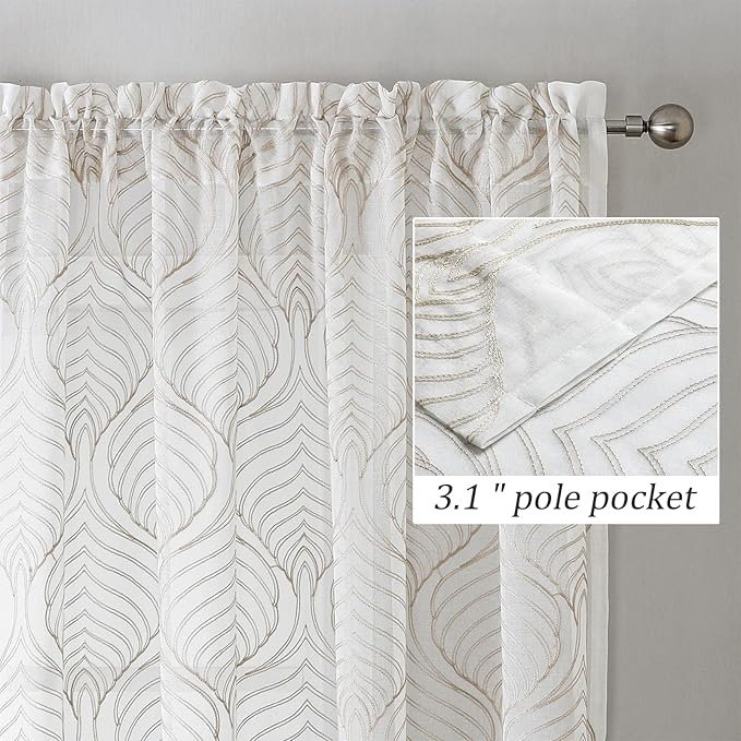 VISIONTEX Sheer Curtains 72 Inches Long 2 Panels Set Taupe Moroccan Embroidery Texture Geometric Rod Pocket Ivory White Voile Tulle Semi Window Treatment Pair for Bedroom Living Room 54 x 72 Inches