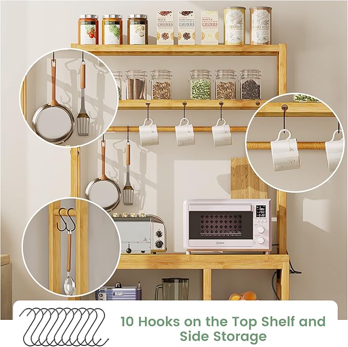 Bakers Rack with Power Outlets, 8-Tier Microwave Stand, Kitchen Utility Storage Shelf 10 S-Shaped Hooks, Coffee Bar Table Station, Standing Rack, 31.5 x 15.7 x 65 Inches, Bamboo