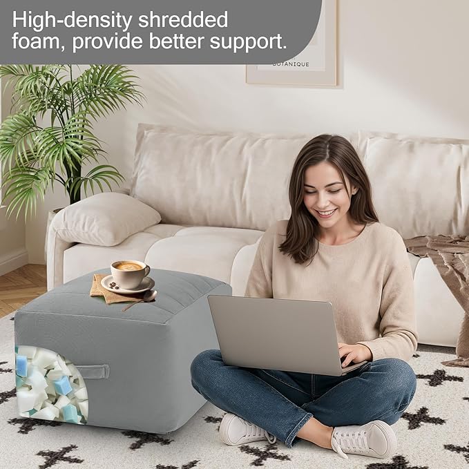 MeMoreCool Square Stuffed Pouf Ottoman Foot Rest, Floor Pouf Foot Stool with Foam Chunk Filling, Soft Stuffed Ottoman Footrest for Living Room, Light Grey