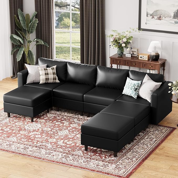 ABCASA 118.5" Faux Leather Modular Sectional Sofa, 7 Seater U Shaped Couch with Storage Seat with Reversible Chaise Deep Seat for Living Room Black