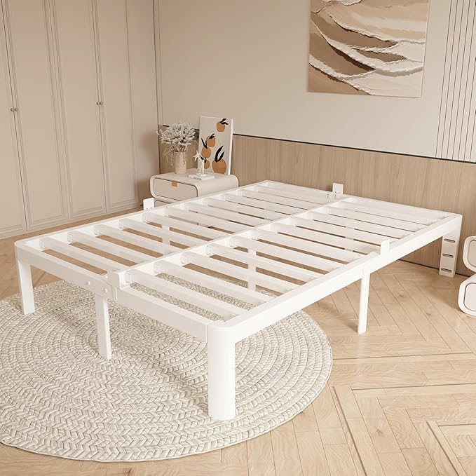 14 Inch King Bed Frame with Metal Gaskets, No Box Spring Needed, Heavy Duty Steel Support 3500 LBS, DIY Headboard, Easy Assembly, Anti-Slip Mattress Stopper, Round Corner Leg, White