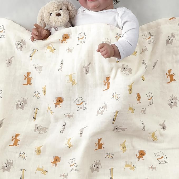 CREVENT 30''X40'' Organic Muslin Cotton Baby Blanket for Newborns, Soft Mink Backing, Essential for Baby Shower Birthday Gift - Animal 75X100cm