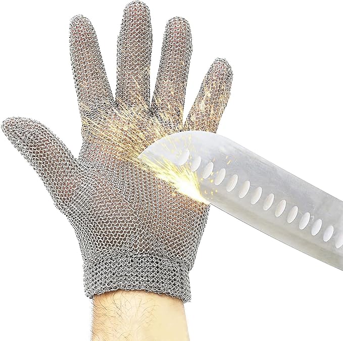 Chainmail Glove for Cutting Meat,Upgrade Spring Wristband,Highest Level Cut Resistant ,Food Grade,Stainless Steel Metal Mesh Gloves,Safety Work Cut Proof Glove for Chef/Butcher Gloves Oyster(M)