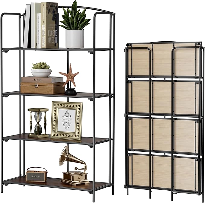 Crofy No Assembly Folding Bookshelf for Living Room, 4 Tier Black Collapsible Book Shelf for Home Office, Portable Bookcase Storage Organizer
