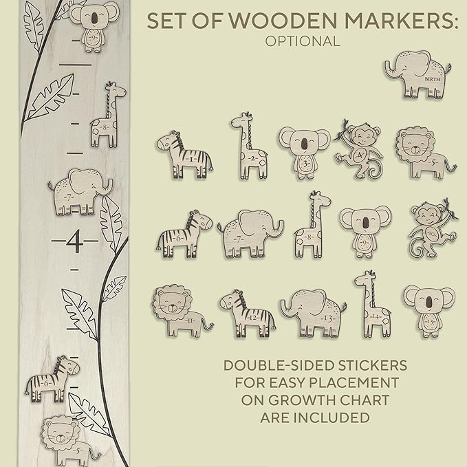 Personalized Jungle Growth Chart Wood - Engraved Growing Ruler Chart for Kids, Children Measuring Height Chart Baby Boy, Large Measuring Board Wooden, Animals Growing Wall Measurement, 2 Sizes