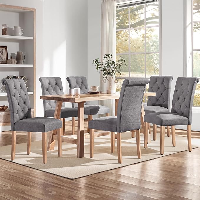 Yaheetech Dining Chairs Set of 6 Fabric Upholstered Dining Room Chairs with Button Tufted High Back and Solid Wood Legs for Kitchen/Living Room/Restaurant, Modern Style, Dark Gray
