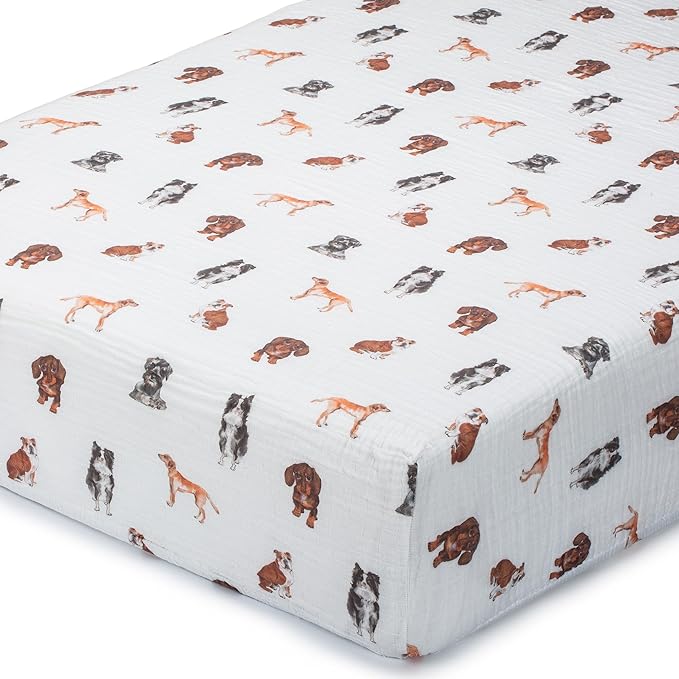 LollyBanks Muslin Crib Sheet 1 Pack, 100% Cotton Soft and Breathable Baby Crib Sheets for Boys and Girls, Fits Standard 52"x28" Mattress, Neutral Baby Bedding Essentials for Registry (Dogs Print)