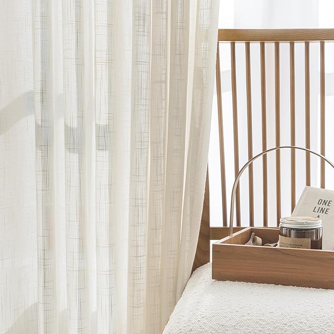 FMFUNCTEX Linen Semi Sheer Curtains for Bedroom, Natural Curtains 54 Inch Length for Living Room, Country Farmhouse Sheer Short Drapes, Light Filtering Window Curtain, Grommet Top 2 Panels