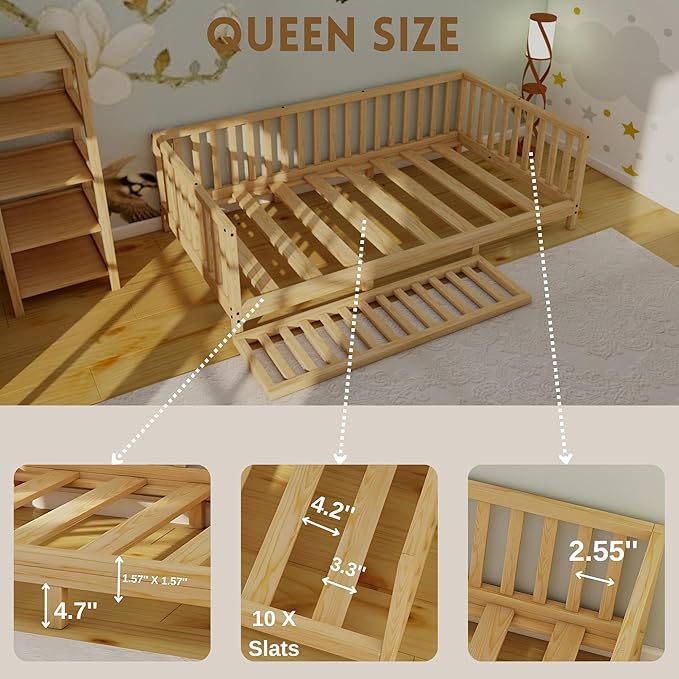Montessori Floor Bed Designed with Open Front for Girls and Boys | Pine Wood Natural Solid Frame Beds Footed Model with Slats | Sturdy Designed Floor Bed Frame for Kids (Queen, Height : 23 Inches)