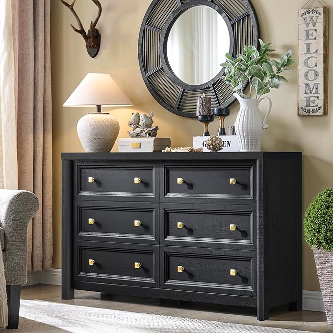 Black Dresser, Farmhouse 6 Drawer Dresser for Bedroom, 52 inch Wide Dressers with Deep Drawers, Vintage Dressers, Solid Wood Chest of Drawers for Bedroom, Nursery