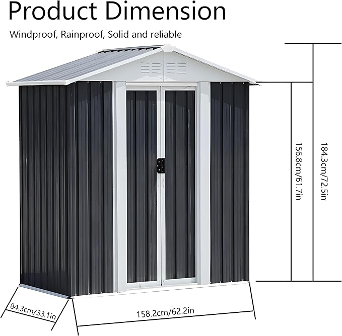 Outdoor Sheds 5FT x 3FT Outdoor Storage, Metal Anti-Corrosion Utility Tool House with Lockable Door & Shutter Vents，Outdoor Waterproof Garden Tool Metal Storage Sheds （Grey）