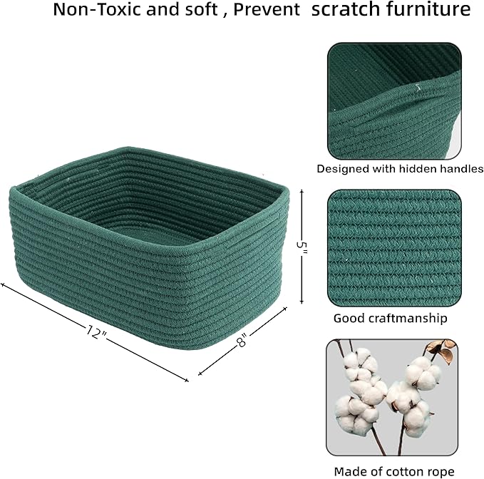 Small Woven Storage Baskets 12“X8”X5“ Decorative Rope Bins for Organizing Shelves, Closets, and Toys, Empty Gift Baskets, Cute Organizer Basket for Home and Office (dark green, regular)
