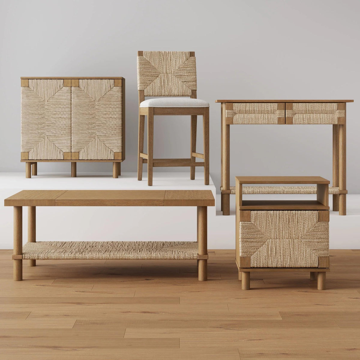 Beacon Accent Natural Sideboard Storage Cabinet in Light Wood with Adjustable Interior Shelf and Seagrass Doors