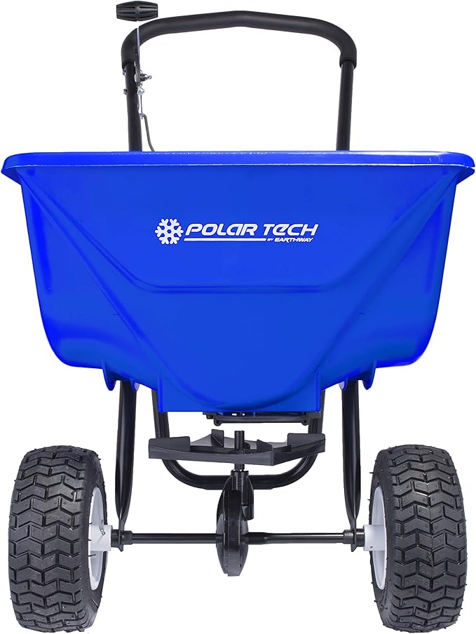 EarthWay Polar Tech 90950 50 LB Professional Ice Melt Broadcast Walk Behind Spreader with 9" Pneumatic Tires, High Output and Solid Linkage Control