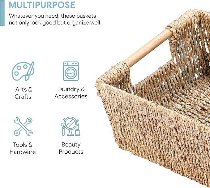 Natural Seagrass Storage Basket with Handle, Rectangular Woven Organizer Bin for Living Room or Shelf, Decorative Storage Basket, Medium Size 13.4 x 9.3 x 4.9 Inches