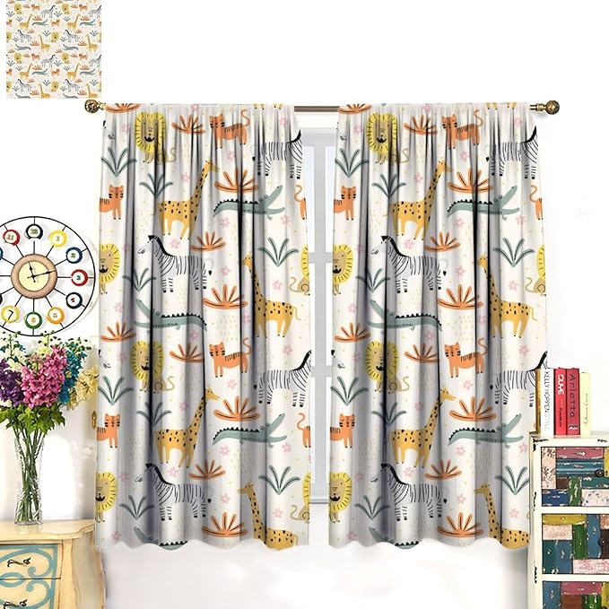 Wild Animals Curtains, Cute Cartoon Animals Zoo with Lion Zebra Crocodile Cat and Giraffe Tropical Jungle Plant Print Window Treatments for Kids Boys Girls Bedroom Living Room 63x63in
