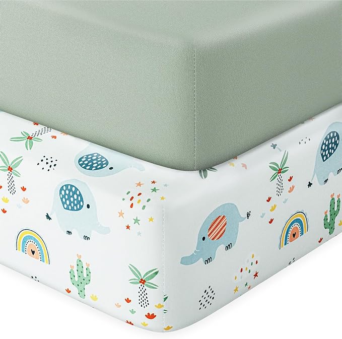 Baby Crib Sheets 2 Pack for Boys and Girls Fit for Standard Crib Toddler Mattress Breathable Soft Microfiber Baby Sheet 28x52x8 in (Dumbo & Green)