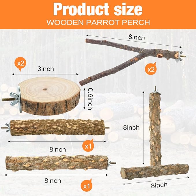 Bird Perch Stand, Pole Standing Natural Wood Bird Perch Set 7PCS Paw Grinding Fork Parrot Cage Branch with Rope Cage Accessories Toys for Parakeets, Cockatiels, Conure, Budgies (Brown 1)