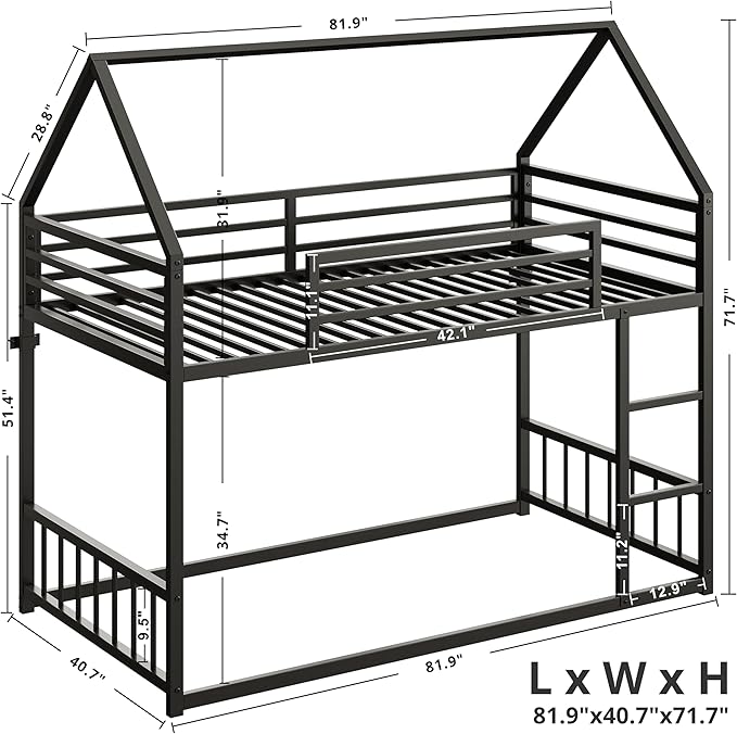LIKIMIO Bunk Bed Twin XL Over Twin XL, Metal Bunk Bed Frame with Ladder and Guardrail, House Shaped with Metal Slats for Dormitory and Bedroom, Space Saving, No Box Spring Needed, Black