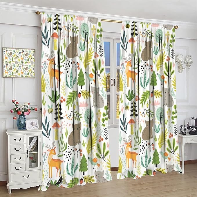 Cartoon Forest Kids Curtains,Cute Woodland Wild Animals Colorful Deer Plants Trees Print Pattern Thermal Insulation Blackout Window Drapes for Nursery Boys Girls Bedroom,White Background 42x45 Inch