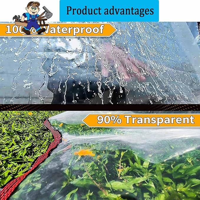 7x13 FT Clear Tarp - Heavy Duty Waterproof Plastic Tarps with Grommets, Outdoor Garden Rainproof Covering, Transparent Tarpaulin for Patio Enclosure Roofs Greenhouse Plant Chicken Coop Cover