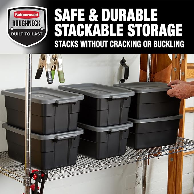 Rubbermaid Roughneck Tote 3 Gal, 6 Pack, Made in USA, Black & Gray, Rugged Plastic Stackable Storage Bins with Lids and Handles