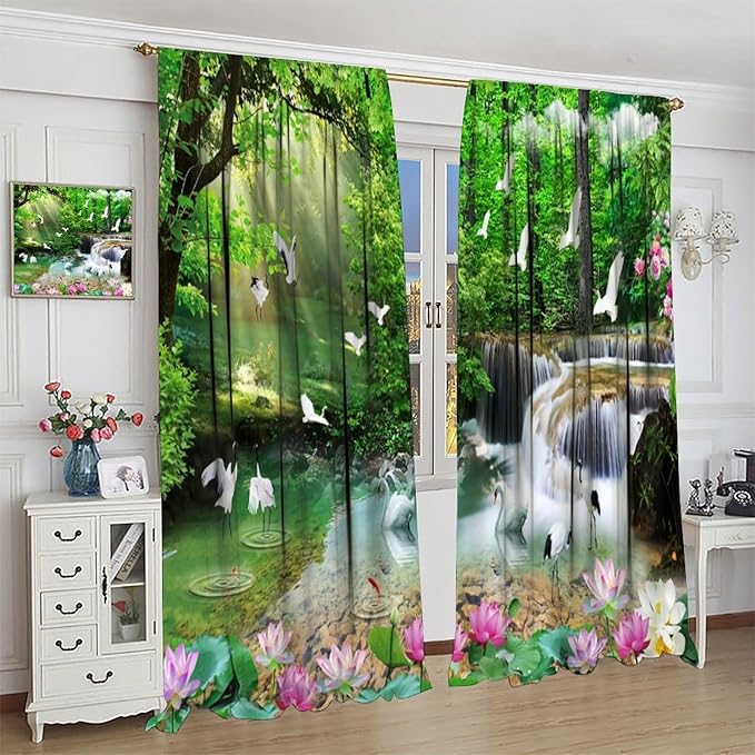 Nature Blackout Curtain, Waterfall Landscape Forest Swan Fish Pattern Rod Pocket Window Drapes, for Bedroom Living Room 42" W X 54" L