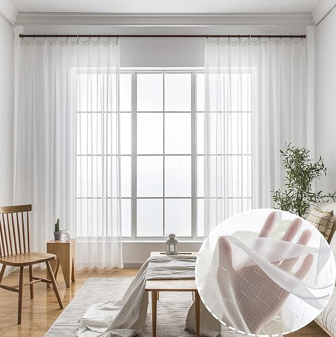 Off White Sheer Curtains 120 Inches Extra Long, Thin Textured Linen Look Drapes for Living Room, Rustic Ivory See Through Sheers 1 Panel, DIY Pinch Pleat Sliding Glass Door Curtain