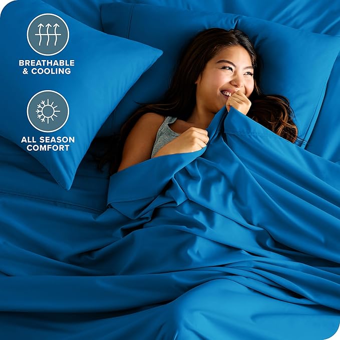 Bare Home Queen Sheet Set - Luxury 1800 Ultra-Soft Microfiber Bed Sheets - Double Brushed - Deep Pockets - Easy Fit - 4 Piece Set - Bedding Sheets & Pillowcases (Queen, Medium Blue)