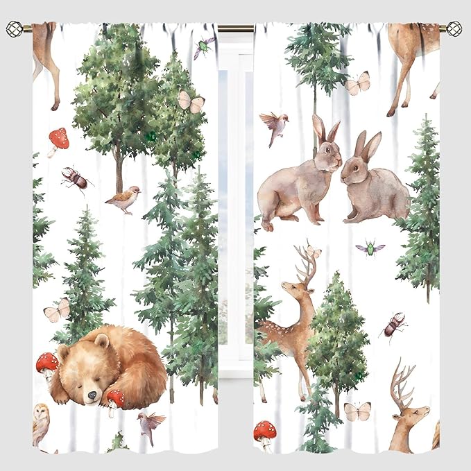 YCness Forest Animal Curtains, Wild Animals Watercolor Woodland Bear Rabbit Cartoon Window Treatments for Kids Bedroom Living Room Kitchen Living Room Drapes, 55x63 Inch