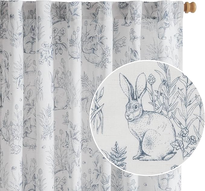jinchan Linen Nursery Curtains 90 inch Long Woodland Wildlife Blue Print Drapes for Kid's Room Light Filtering French Country Farmhouse Curtains with Bunny and Forest Design Set of 2 Panels