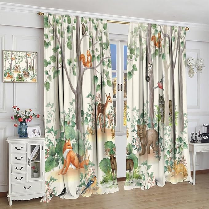 Woodland Animal Curtains, Cartoon Wild Rustic Forest Animals Pattern Blackout Window Treatments, Rod Pocket Thermal Insulated Drapes 2 Panel Sets for Kids Bedroom Nursery Classroom, 84" W X 84" L