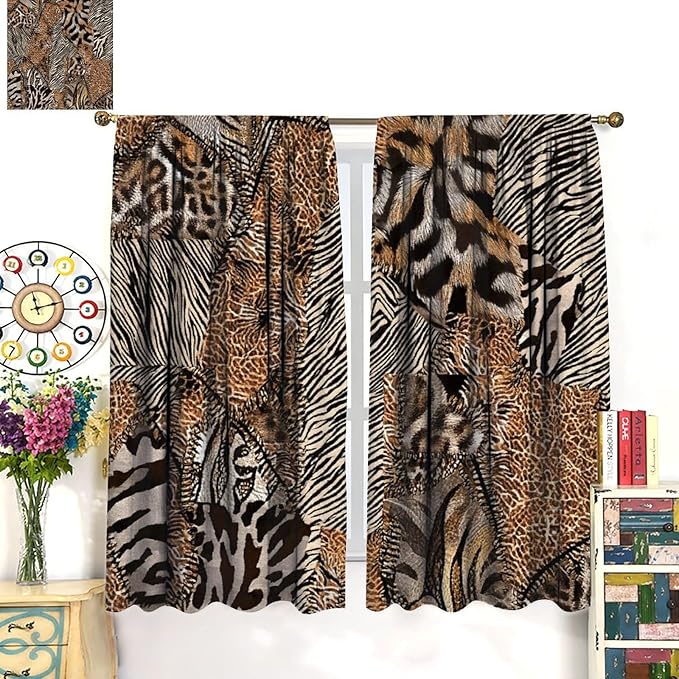 Leopard Print Curtains, Brown Wild Cheetah Zebra Animal Fur Farmhouse Window Curtains for Bedroom Kitchen Living Room 63" W X 72" L