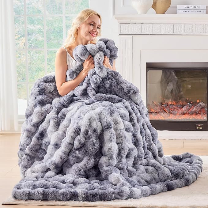 BENVWE Fluffy Faux Fur Throw Blanket for Couch - Soft, Plush, Thick, Cozy, Fuzzy Luxury Minky Bubble Blanket for Home Living Room Decor, Gifts for Women, Tie-dye Light Grey, 63" x 80", 1100GSM