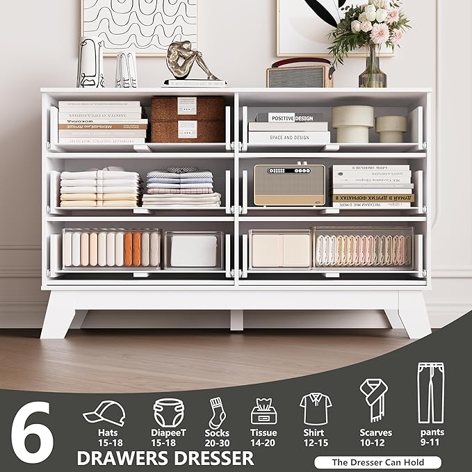 6 Drawer Dresser for Bedroom, Fluted White Dresser Chest of Drawers with Gold Handle, Mid Century Modern Dressers for Closet, Bedroom Chest Storage Organizer for Living Room, Hallway