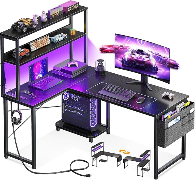 AODK L Shaped Desk Gaming Desk with LED Light & Power Outlet, 43 Inch Reversible L Shaped Computer Table with Shelf, Corner Desk with Storage Bag&Hook for Home Office Desk, Black