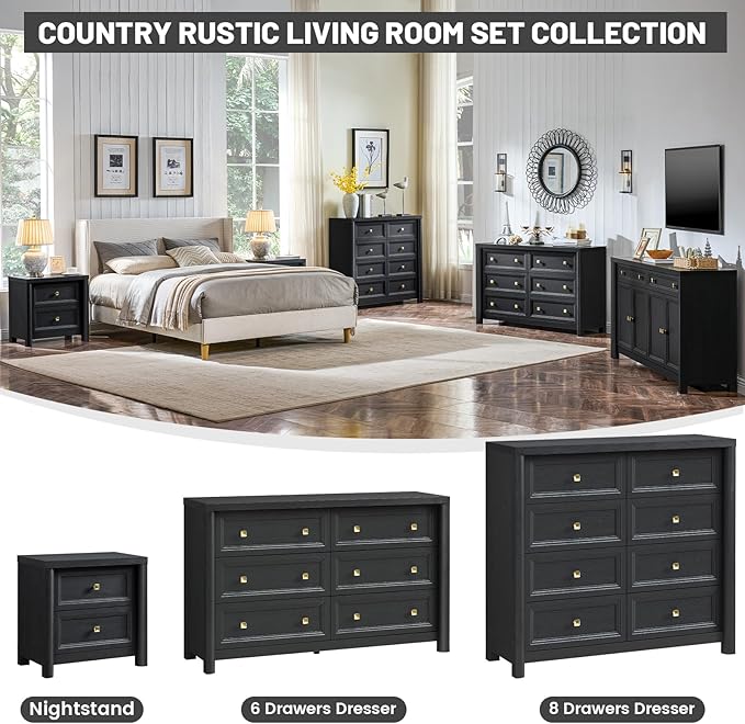 Black Dresser, Farmhouse 6 Drawer Dresser for Bedroom, 52 inch Wide Dressers with Deep Drawers, Vintage Dressers, Solid Wood Chest of Drawers for Bedroom, Nursery