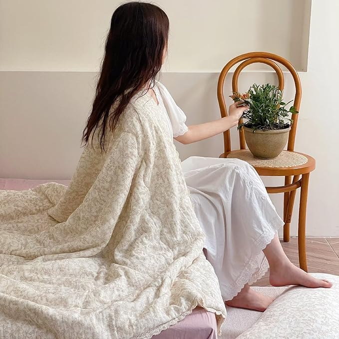 BuLuTu Muslin Cotton Full/Queen Bed Quilts for Kids Teens Vintage Boho Comforter with Lace Edges Soft Thin Comforter Rabbit Floral Quilted Blankets, 79"x90", No Pillowcases