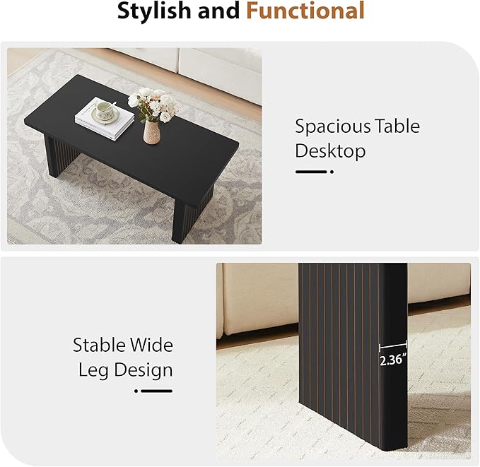 Rectangular Fluted Coffee Table, Farmhouse Wood Coffee Table Mid Century Modern Center Table Boho Living Room Tables for Living Room Office (Black, 19.69" D x 43.3" W x 17.72" H)
