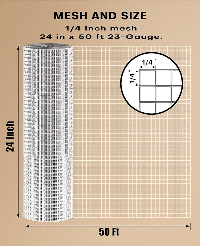 Hardware Cloth 1/4 inch 24 inch x 50 Foot 23-Gauge, Hot-Dip Galvanized After Welding Wire Mesh for Chicken Coop, Garden Protection, and Underground Gopher Mesh