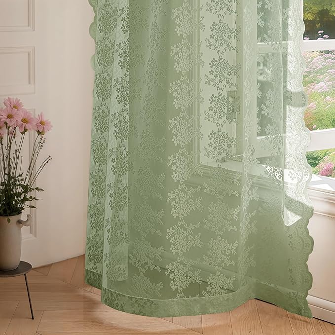 Anmao Vintage Sage Green Lace Curtains 90 Inches Long 2 Panels Sets, Romantic Light Filtering Semi Sheer Floral Thick Lacy Curtain Drapes for Living Room and Bedroom, Each Panel 55W x 90L, Sage Green
