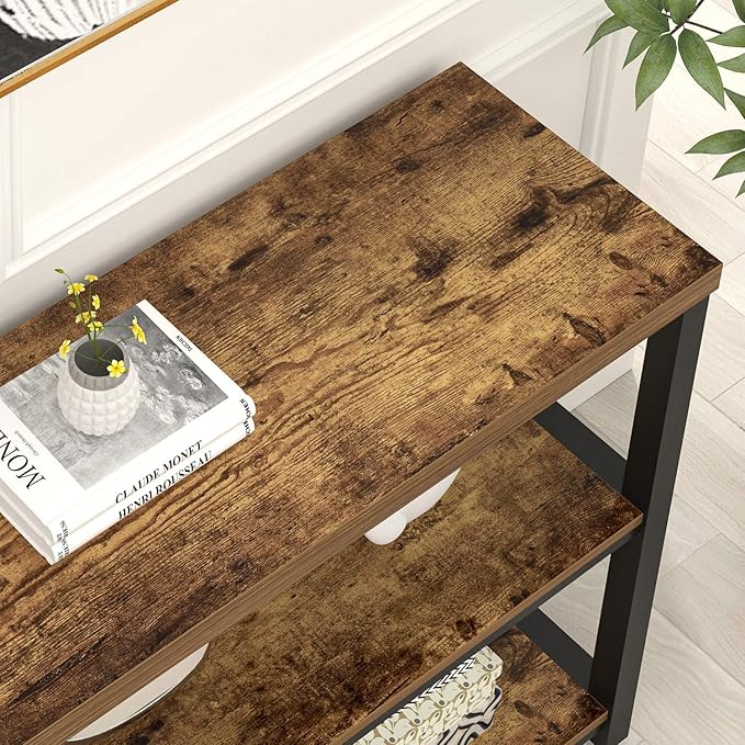 FOLUBAN Industrial Console Table, 3 Tier Entryway Table, Sofa Foyer Table for Living Room Hallway Behind Couch, Rustic Brown