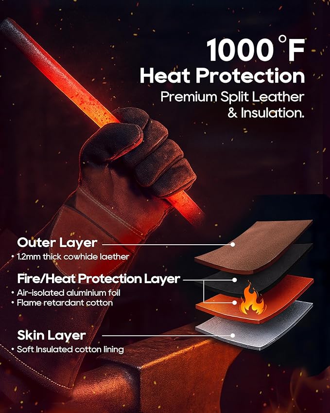TOPDC Welding Gloves 16Inch 1000℉Heat/Fire Resistant Reinforced Leather Fireproof Gloves with Kevlar Stitching for Mig, Tig, Stick, Forge, BBQ, Grill, Oven, Fireplace, Furnace, Animal Handling, LARGE