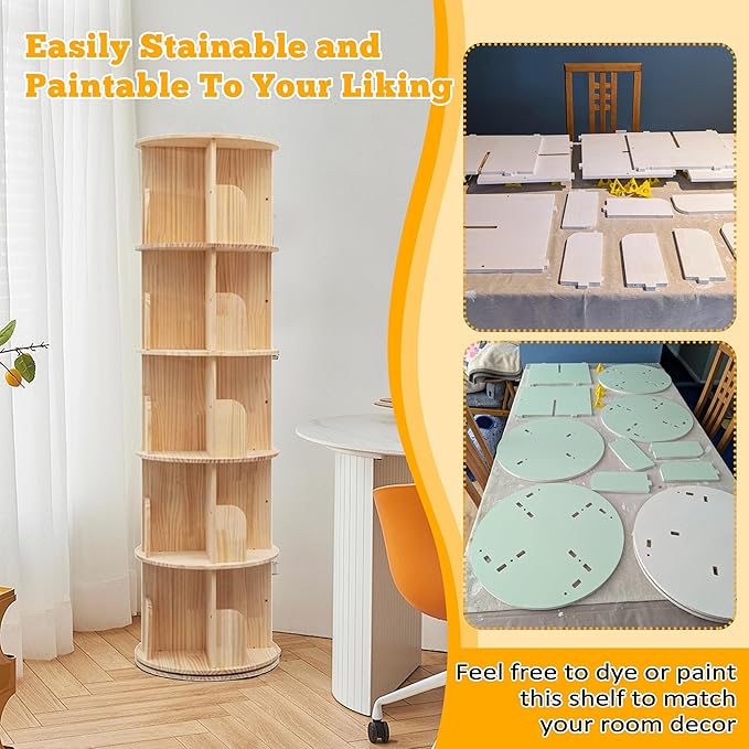 5 Tier Rotating Bookshelf Tower 360 Display Spinning Bookshelf Tower Floor Standing Bookcase Storage Rack Revolving Bookcase Wood Narrow Round Book Shelf Rotating Storage Organizer for Bedroom