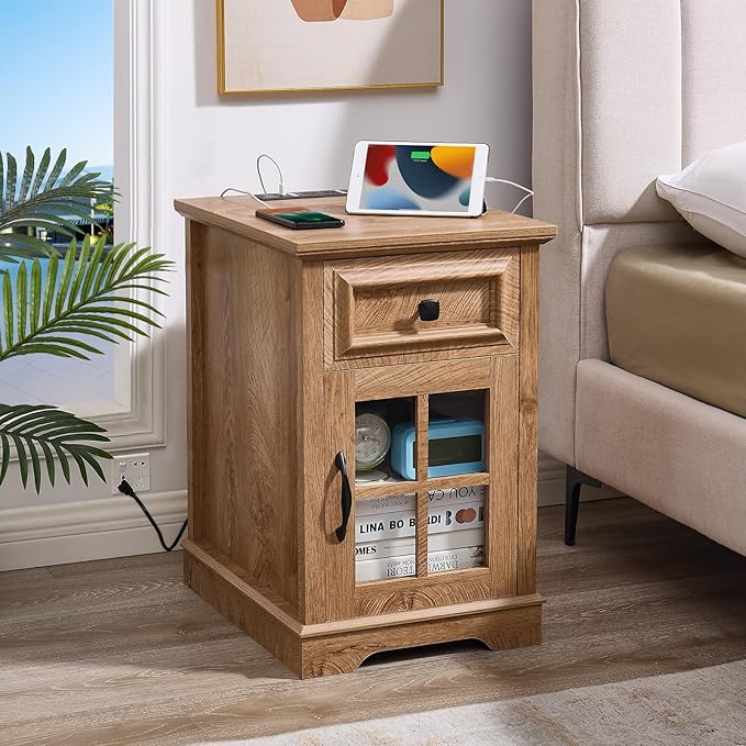 Farmhouse XXL End Table with Charging Station, Side Table with USB Ports and Outlets, Nightstand with Drawer and Glass Door Storage, Log Color Bedside Tables for Living Room, Bedroom, Office