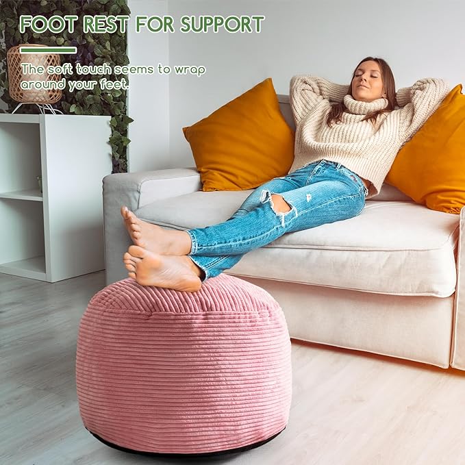 HIGOGOGO Round Stuffed Pouf Ottoman, Corduroy Poufs with Foam Chunk Filling, Furry and Fluffy Pouf Foot Stool Storage Ottoman, 26 X 18 Floor Poufs Foot Rest for Living Room, Pink